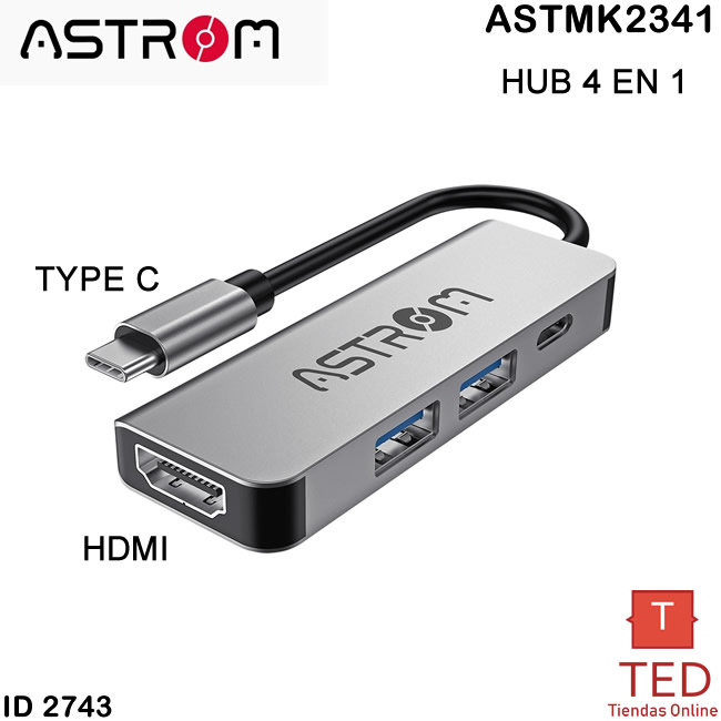 HUB USB 4 EN 1 HDMI 2PUERTOS 3.0 1TYPE C ASTROM ASTMK2341 ID2743