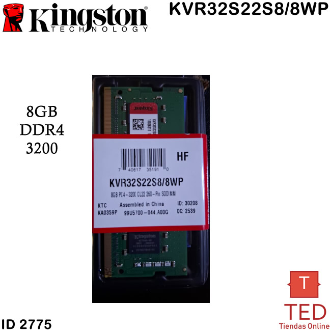 MEMORIA RAM 8G KINGSTON SODIMM 3200GHZ KVR32S22S8/8WP ID2775