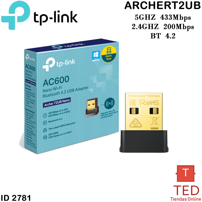 ADAPTADOR TPLINK AC600  WIFI BT NANO 2.4 Y 5 GHZ ARCHERT2UB ID2781