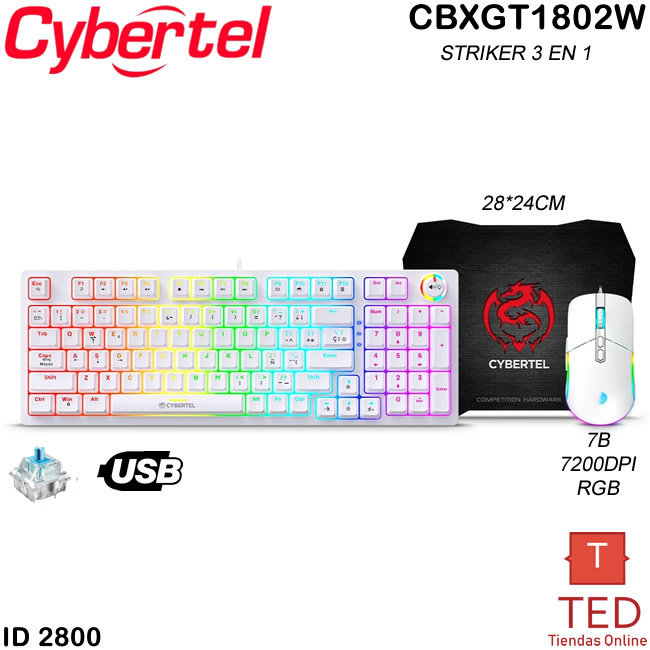 TECLADO GAMER MECANICO COMBO KIT STRIKER WHITE RAINBOW+MOUSE GAMER CYBERTEL CBXGT1802W ID2800