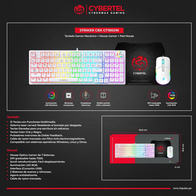 TECLADO GAMER MECANICO COMBO KIT STRIKER WHITE RAINBOW+MOUSE GAMER CYBERTEL CBXGT1802W ID2800 - Imagen 2