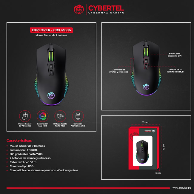 EXPLORER MOUSE GAMER USB RGB 7B 7200DPI CYBERTEL CBXM606 ID2802 - Imagen 2