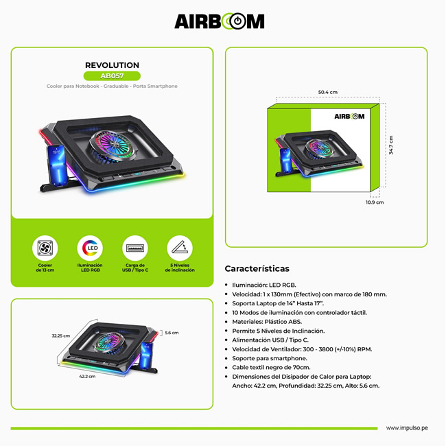 REVOLUTION COOLER PARA LAPTOP RGB 1FAN 13CM AIRBOOM SOPORTE PARA CELULAR AB057 ID2807 - Imagen 2